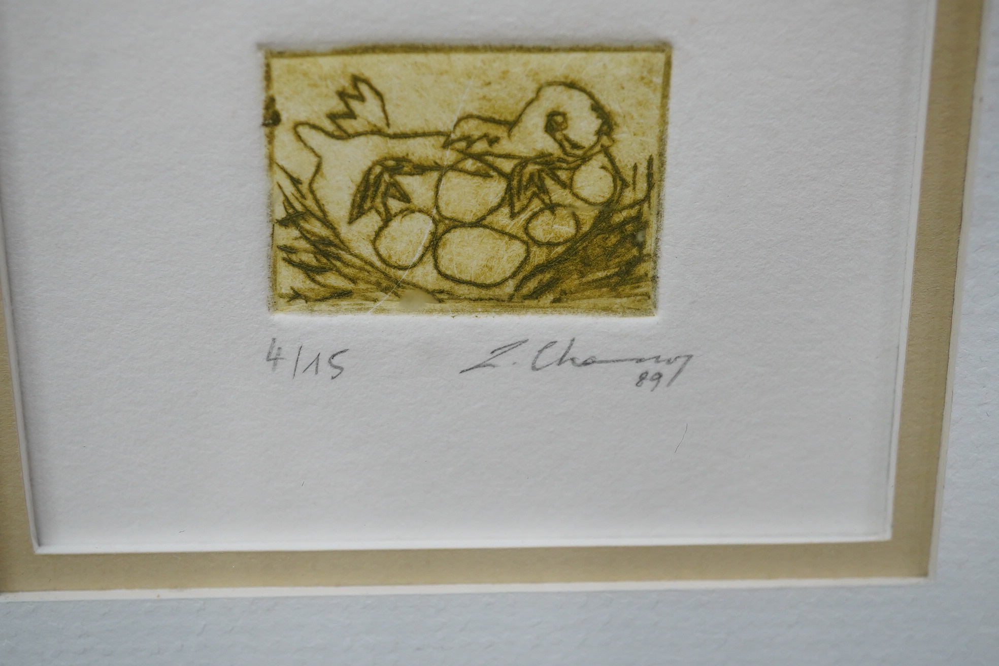 Christine Chamson, three etchings, one with aquatint to include ‘Cocotte III’ and ‘Insecte VII’, each signed in pencil and all limited edition, largest 37 x 27cm. Condition - fair/good